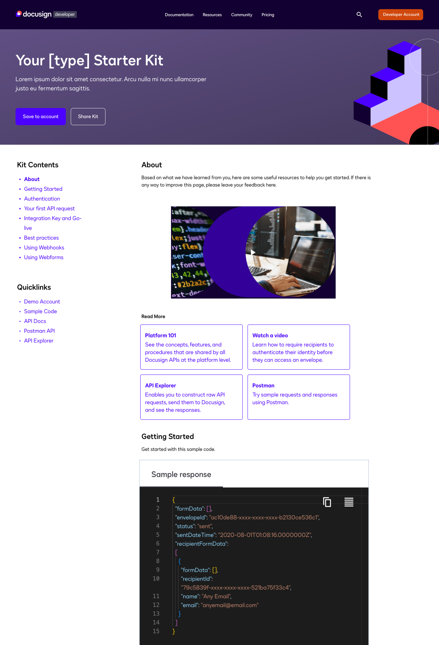 Personalized developer starter kit page