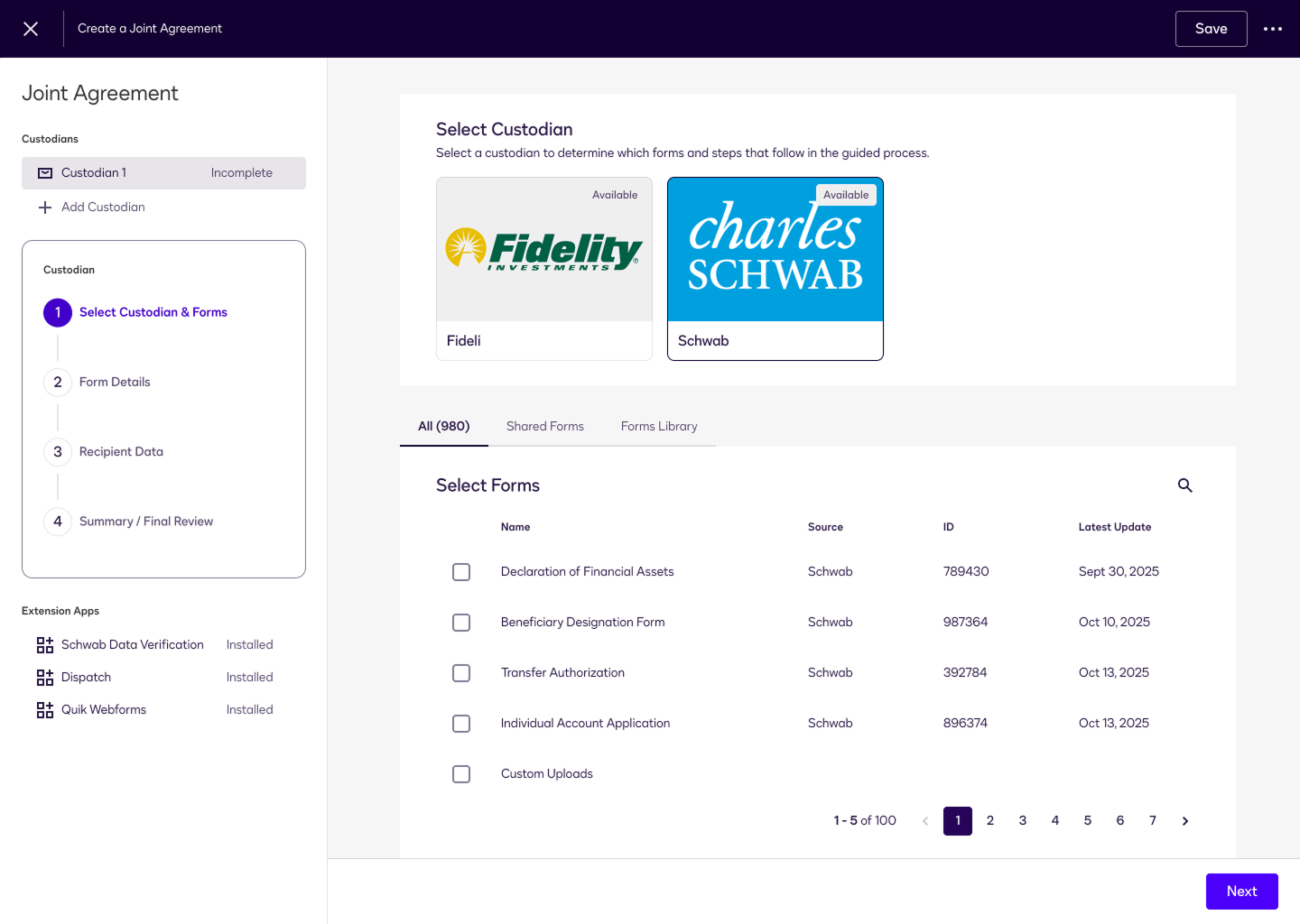 Select custodian and forms step
