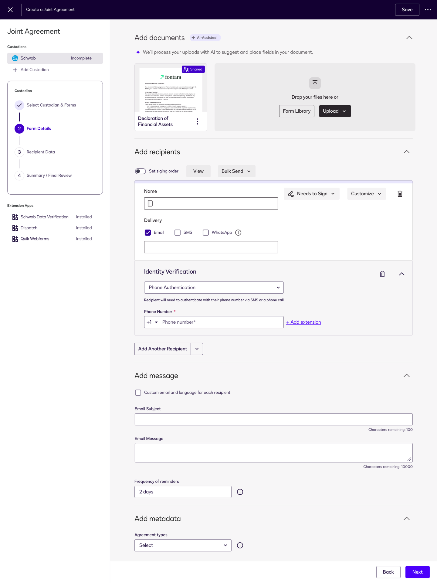Form details and recipients step