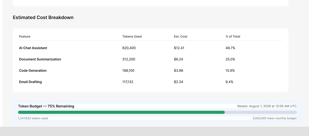 Updated dashboard with token budget progress bar